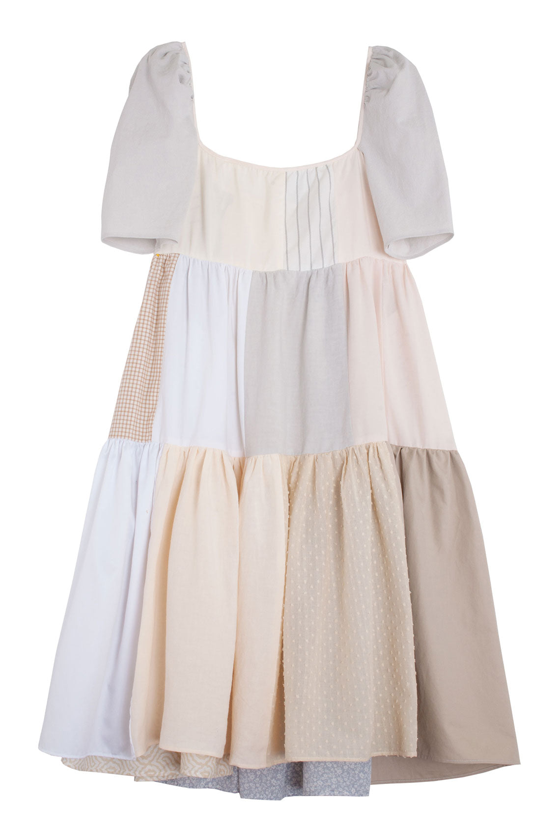 Creams Puff Sleeve Patchwork Dress