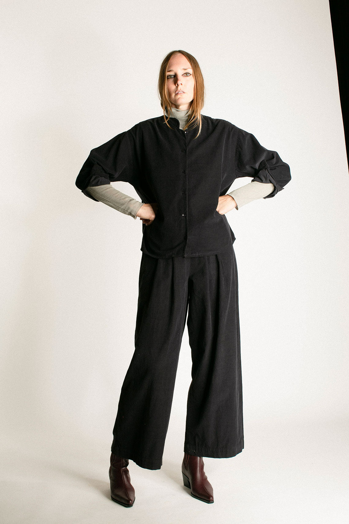 Navy Corduroy Wide Pleated Pant