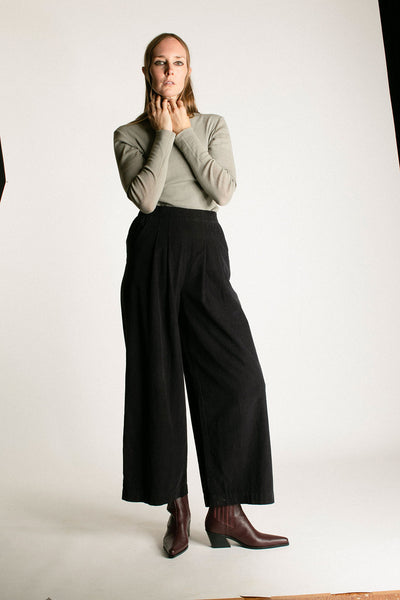 Navy Corduroy Wide Pleated Pant
