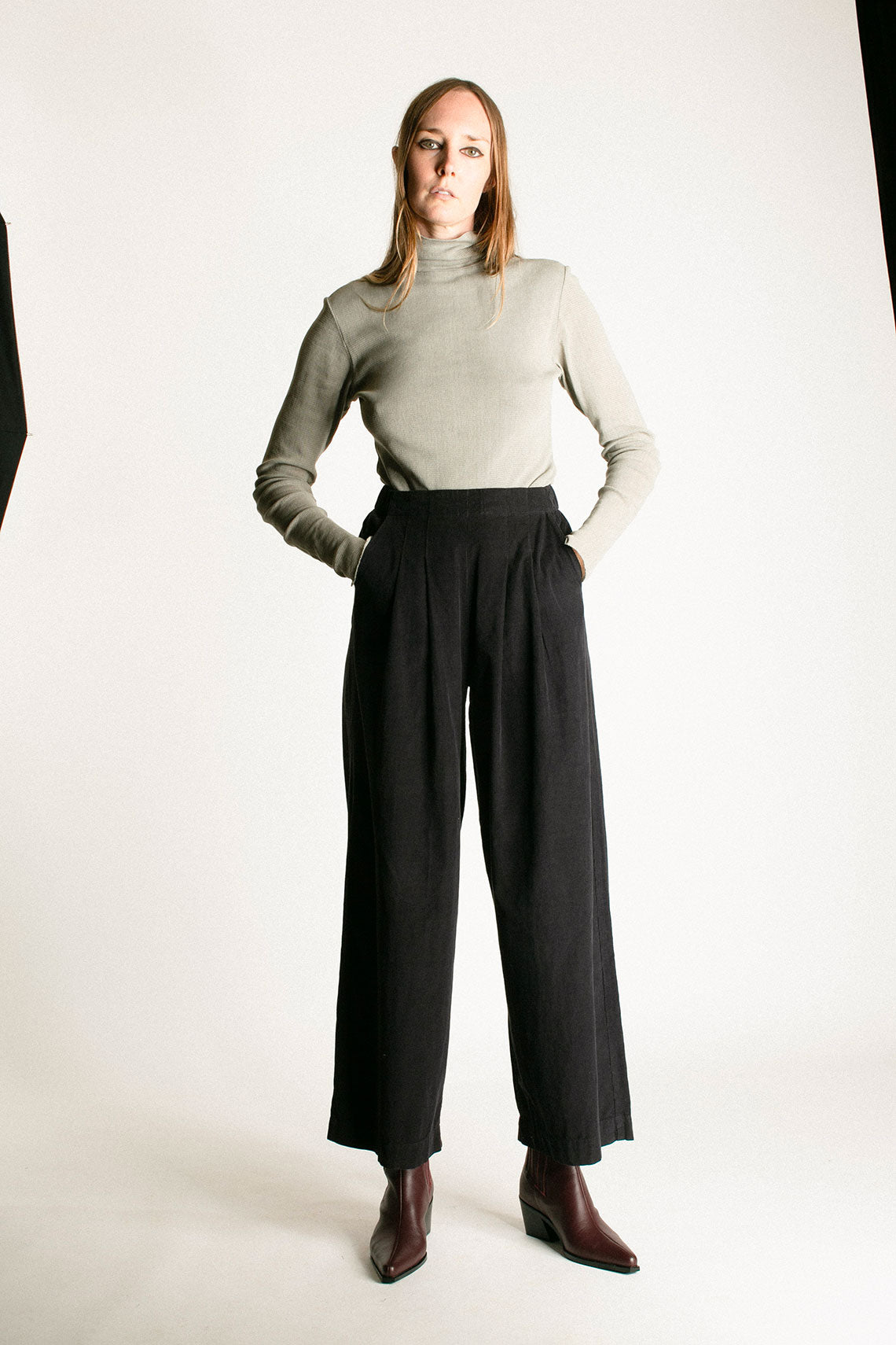 Navy Corduroy Wide Pleated Pant