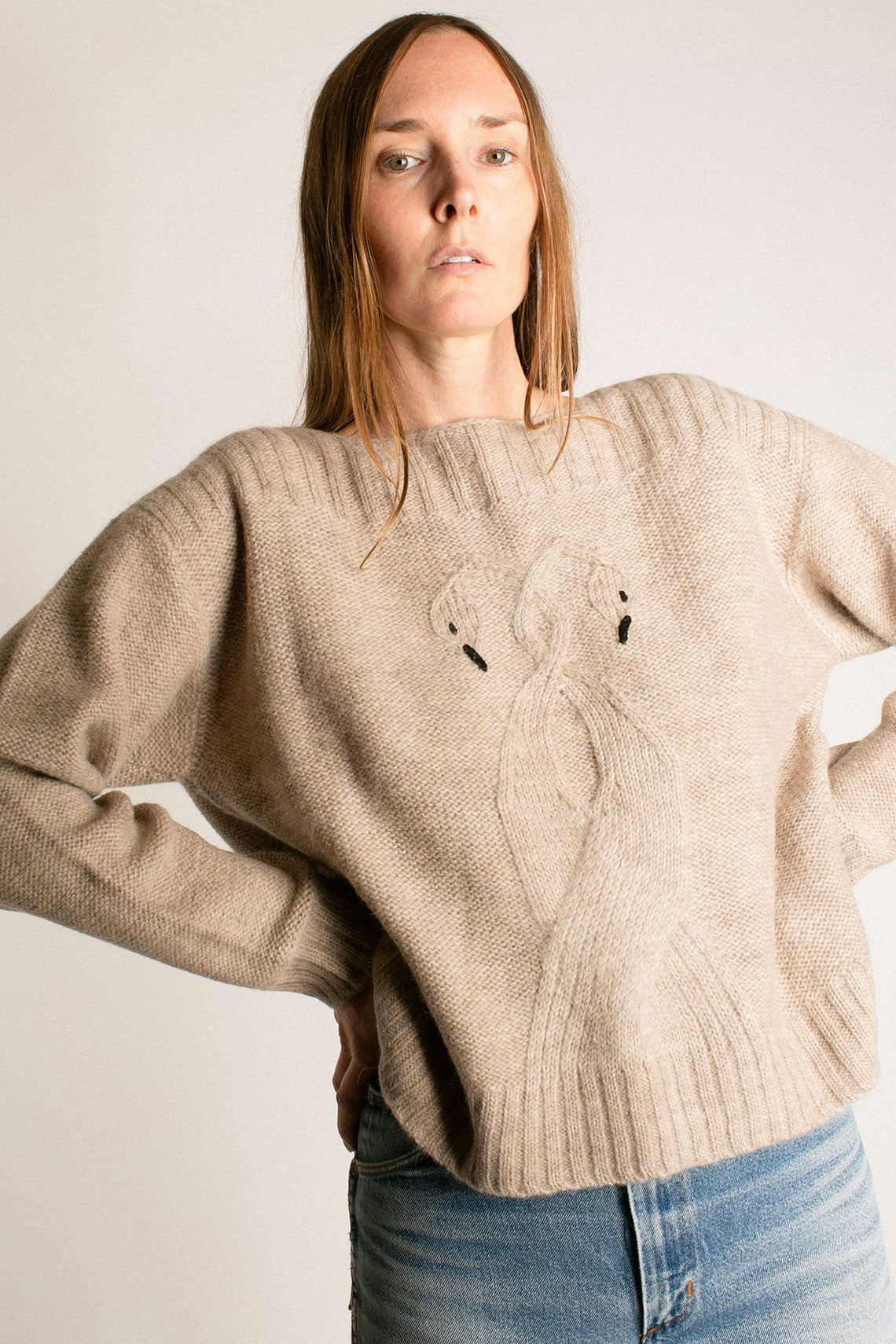 Oatmeal Swan Cable Knit Sweater