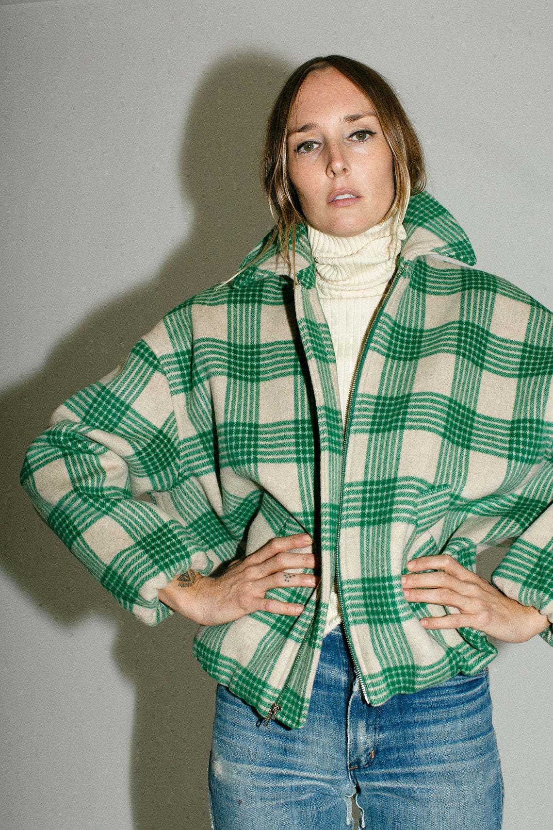 Cream & Green Plaid Wicke Jacket