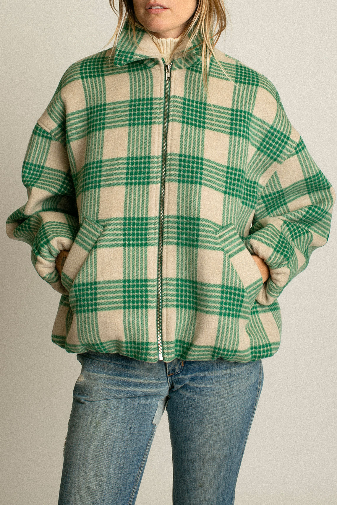 Cream & Green Plaid Wicke Jacket