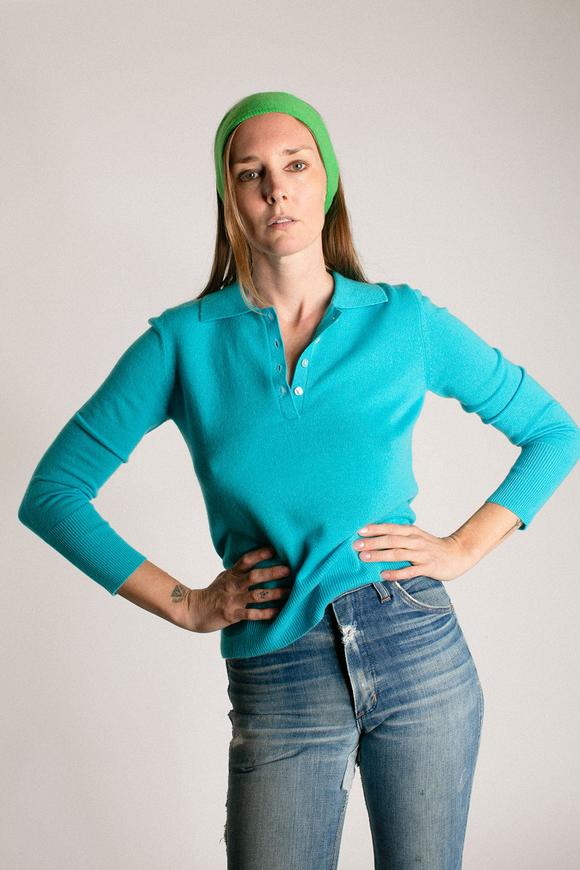 French Blue Cashmere Polo Sweater