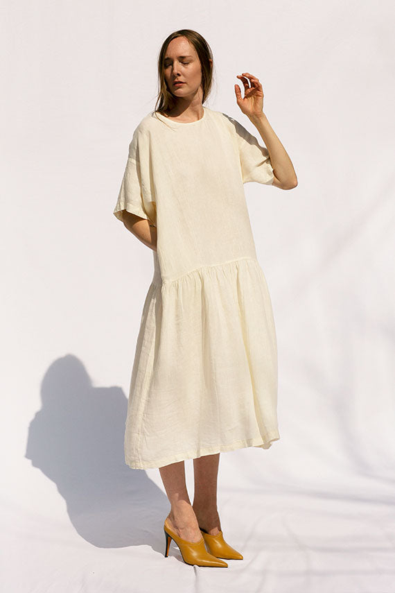 knee length dresses for ladies Cream Linen Easy Dress