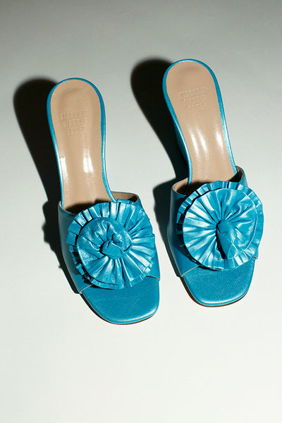 Aqua wedge sandal with leather rosette detail at the toe