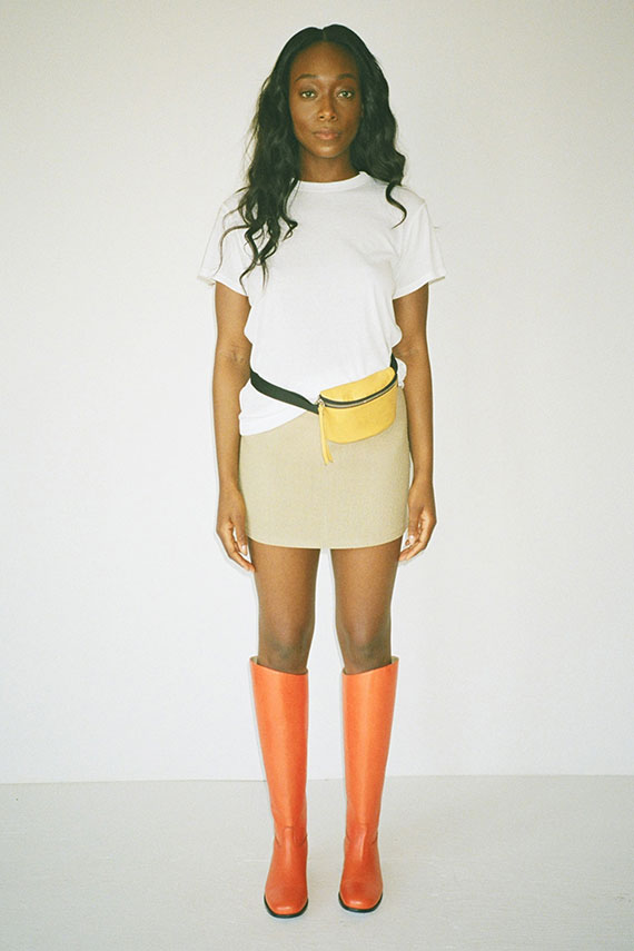 maryam nassir zadeh boots in orange, tropez acacia skirt and MNZ belt bag