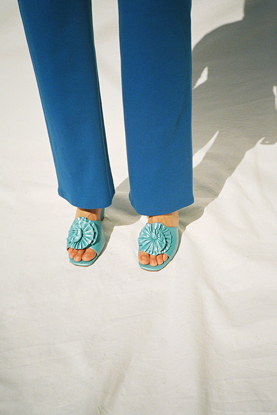 Cobalt blue jersey dance pants and Maryam Nassir Zadeh wedge sandals