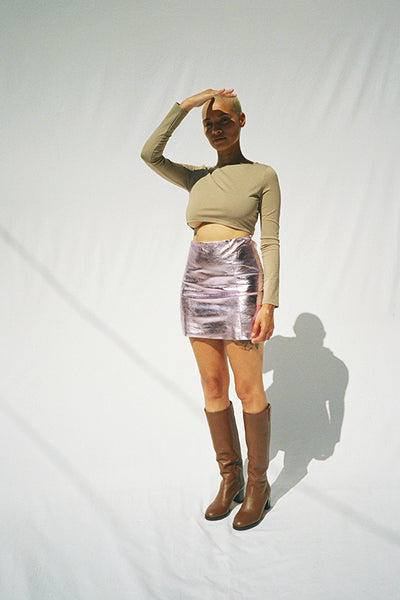 Maryam Nassir Zadeh crop top in sandstone, style with an MNZ miniskirt and Norfolk boots