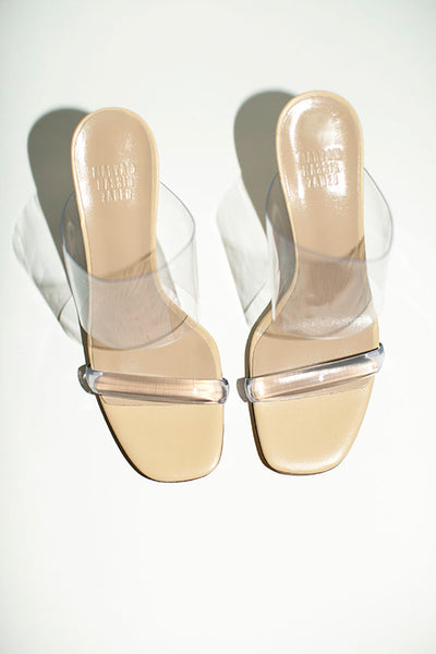 designer wedge sandals with wide plastic straps in calf leather
