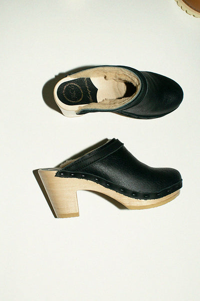 No. 6 clogs, black on a maple colored base