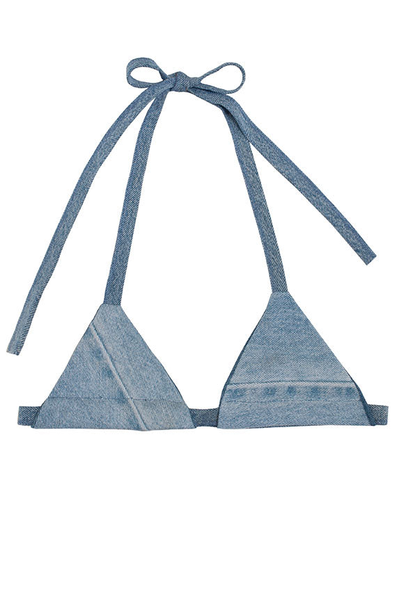 Bit of denim handmade triangle bikini top, made in the USA from repurposed materials 