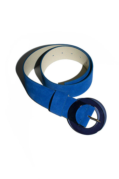 Lizzie Fortunato electric blue suede belt with round, translucent acrylic buckle